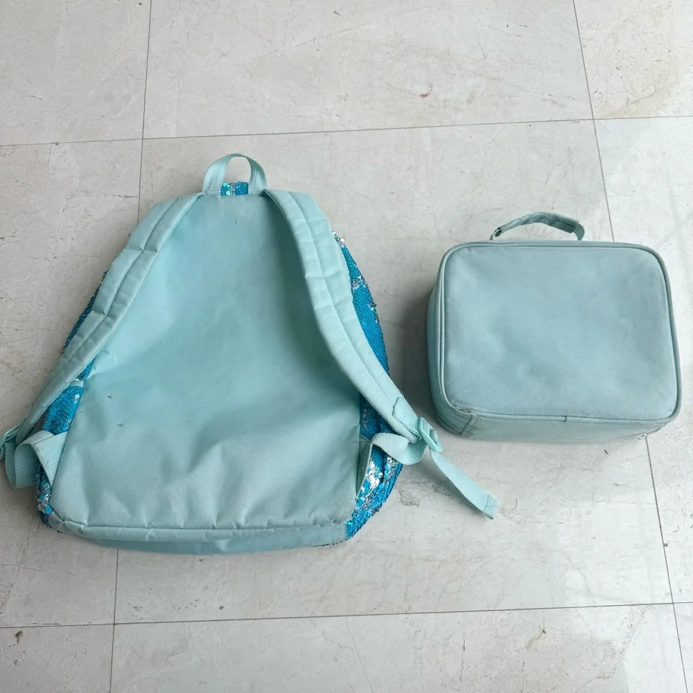 Justice Backpack and matching Lunchbox blue flip sequins